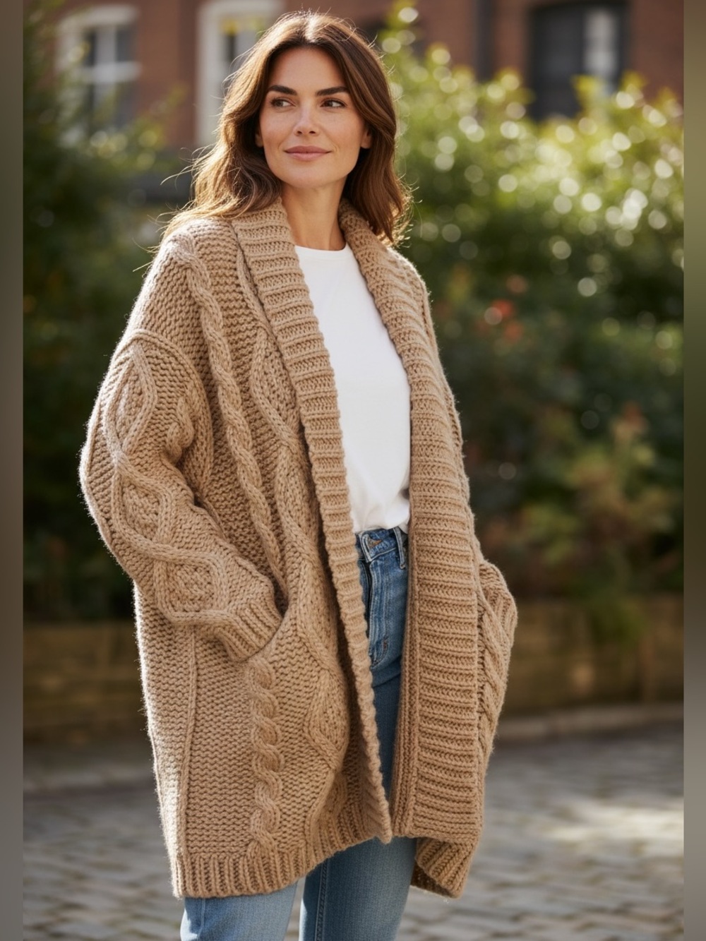 Thick Cozy Cable Knit Open-Front Cardigan Sweater - Beige - Heavy Weight